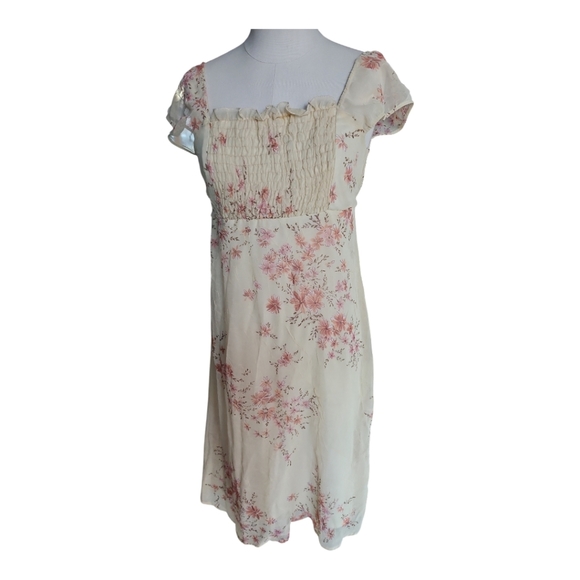 Just Sarah Cream Pink Floral Midi Dress Cap Sleeve Empire Waist Sz 14 - Picture 2 of 7